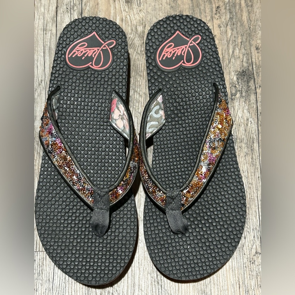 Juicy Women’s Black platform Flip-Flops with Multi Glitter Straps